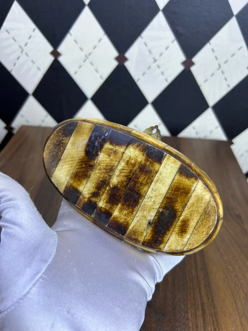Vintage Bovine Bone Trinket Box Brass‎ Inlay Jewelry Box Collectible Carmel Bone